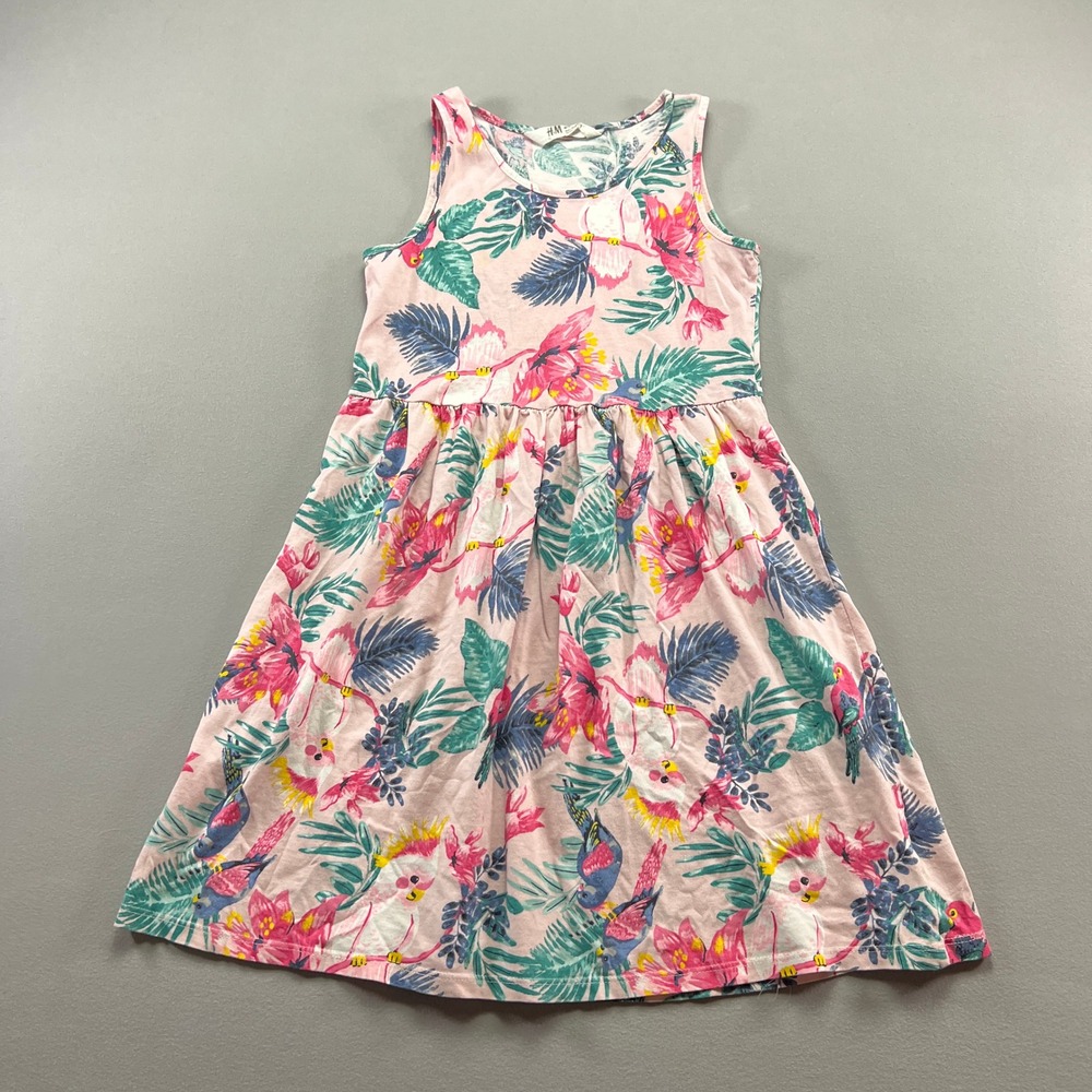 H&M Mini Tank Dress Girls 8-10Y Multi Tropical Parrots Print Pleated Round Neck